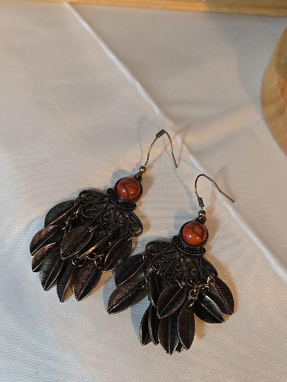 Bohemian Leaf Drop Earrings with Red Orange Bead